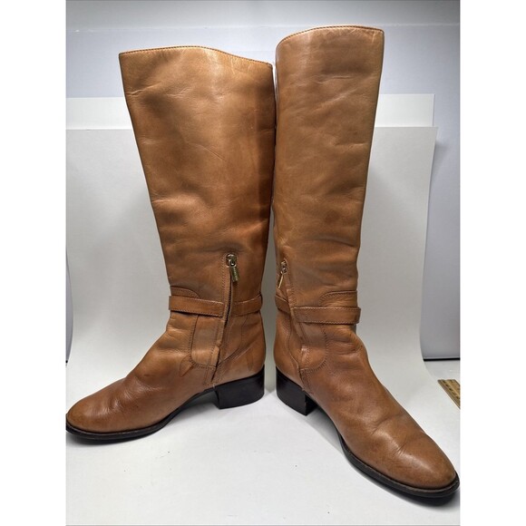 MICHAEL KORS sz 8 Camel Brown Leather Mid-Calf Leather Riding Boots MK charm - Picture 3 of 10